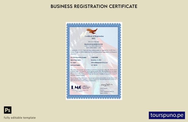 listo para imprimir certificado de registro de USA LMG, plantilla de Word y PDF,